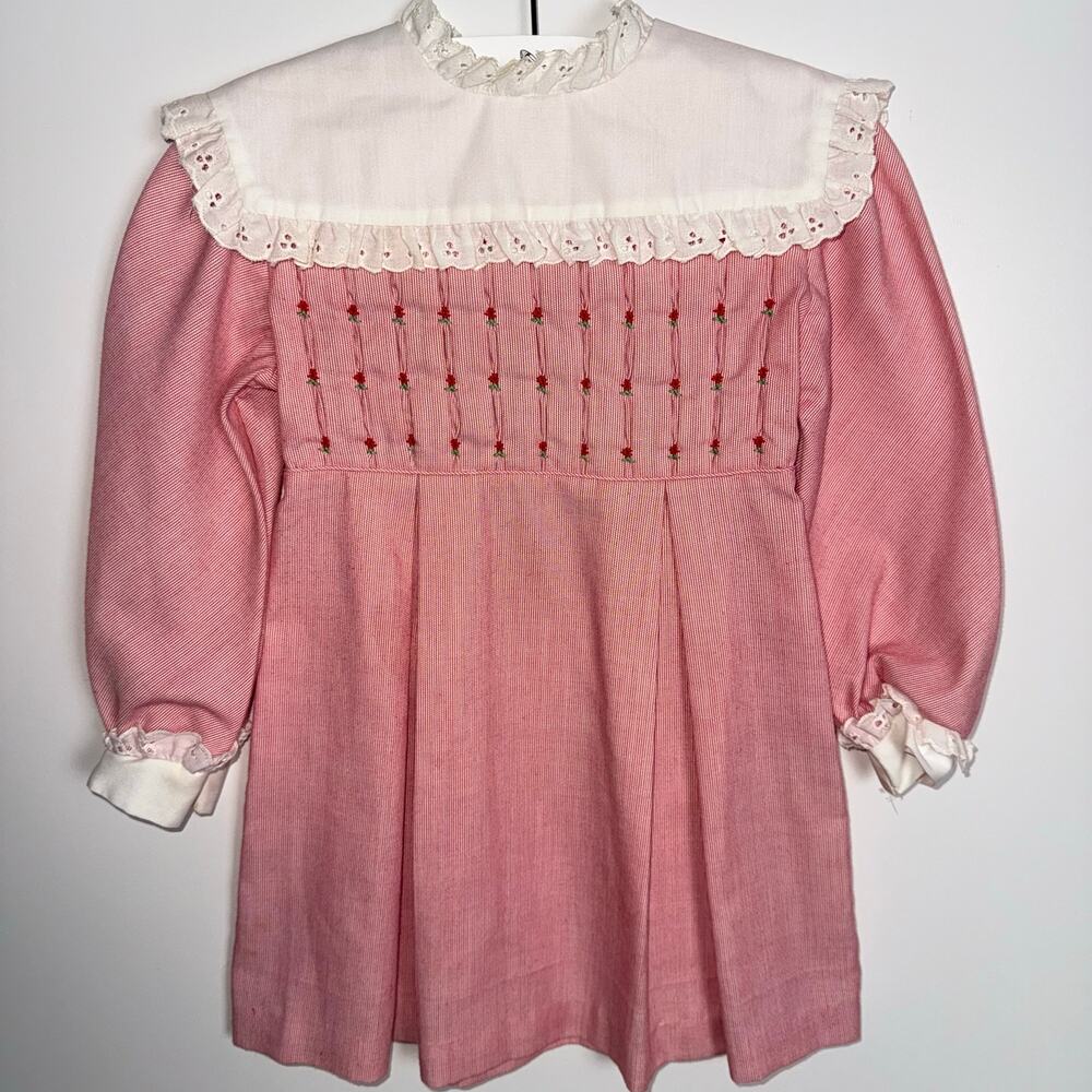 Vintage 80s Polly Flinders 4T Hand Smocked Rose bud Dress
